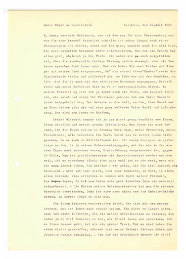 Brief (Transkript) von Maria Waser an Ottilie W. Roederstein, 22. Juli 1937
