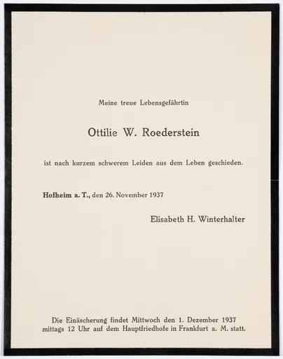 Todesanzeige von Elisabeth H. Winterhalter für Ottilie W. Roedersteins