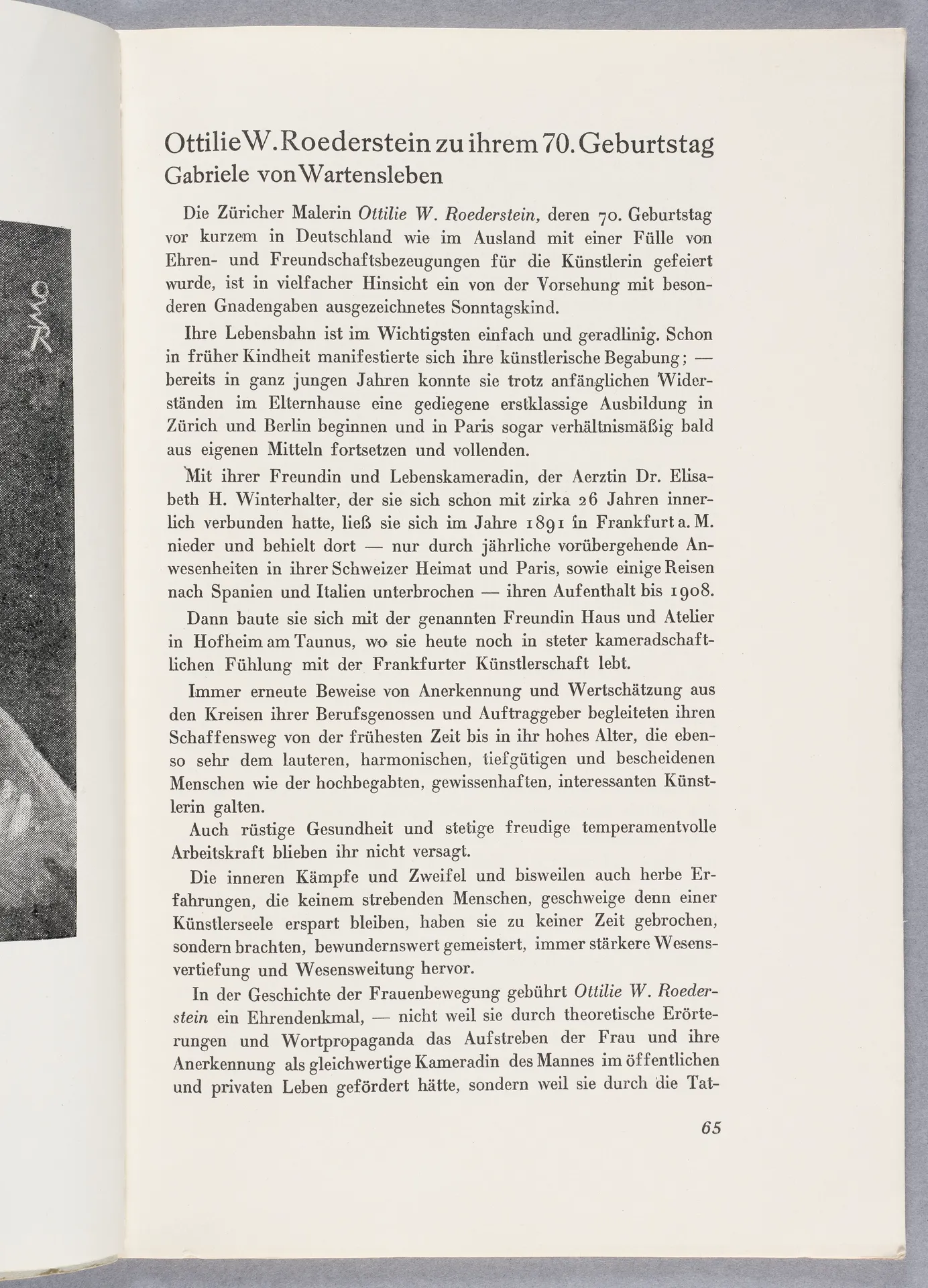Gabriele von Wartensleben, Ottilie W. Roederstein zu ihrem 70. Geburtstag, in: An der Wende. Zeitschrift für weibliche Bildung und Kultur, 3. Jg., H. 3, März 1929