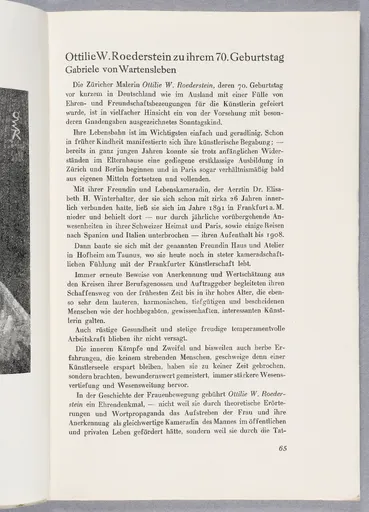 Gabriele von Wartensleben, Ottilie W. Roederstein zu ihrem 70. Geburtstag, in: An der Wende. Zeitschrift für weibliche Bildung und Kultur, 3. Jg., H. 3, März 1929