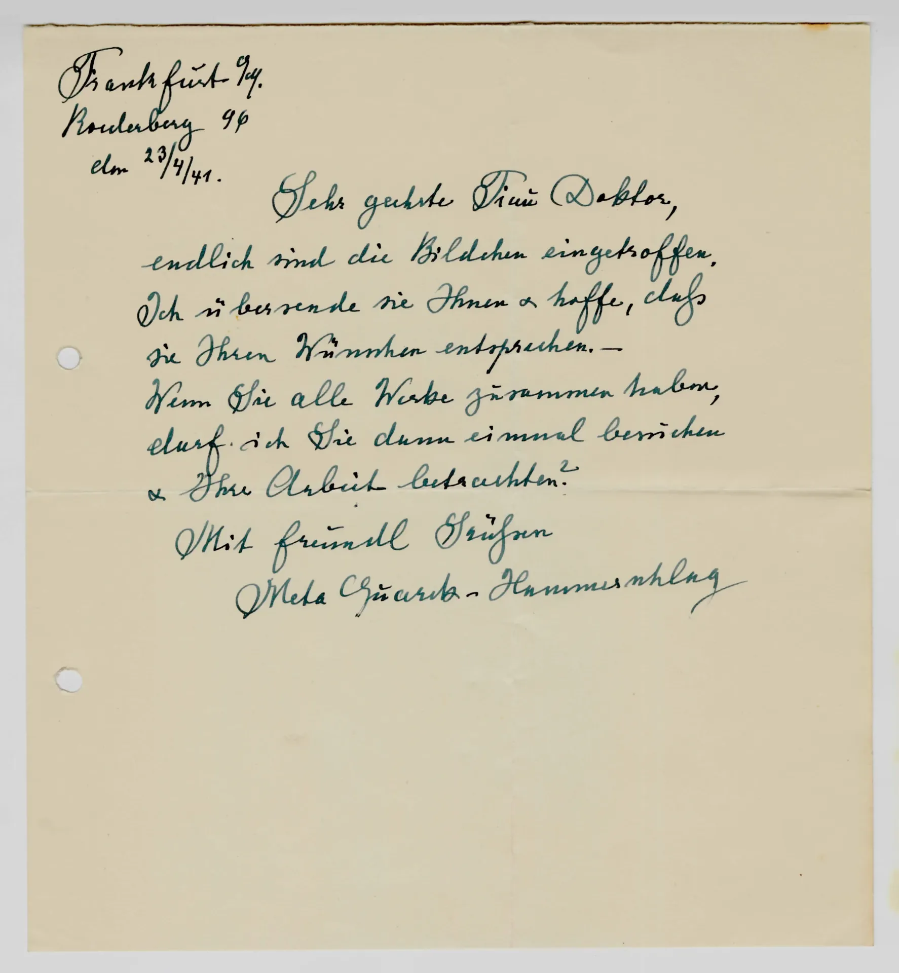 Brief von Meta Quarck-Hammerschlag an Elisabeth H. Winterhalter, 23. April 1941