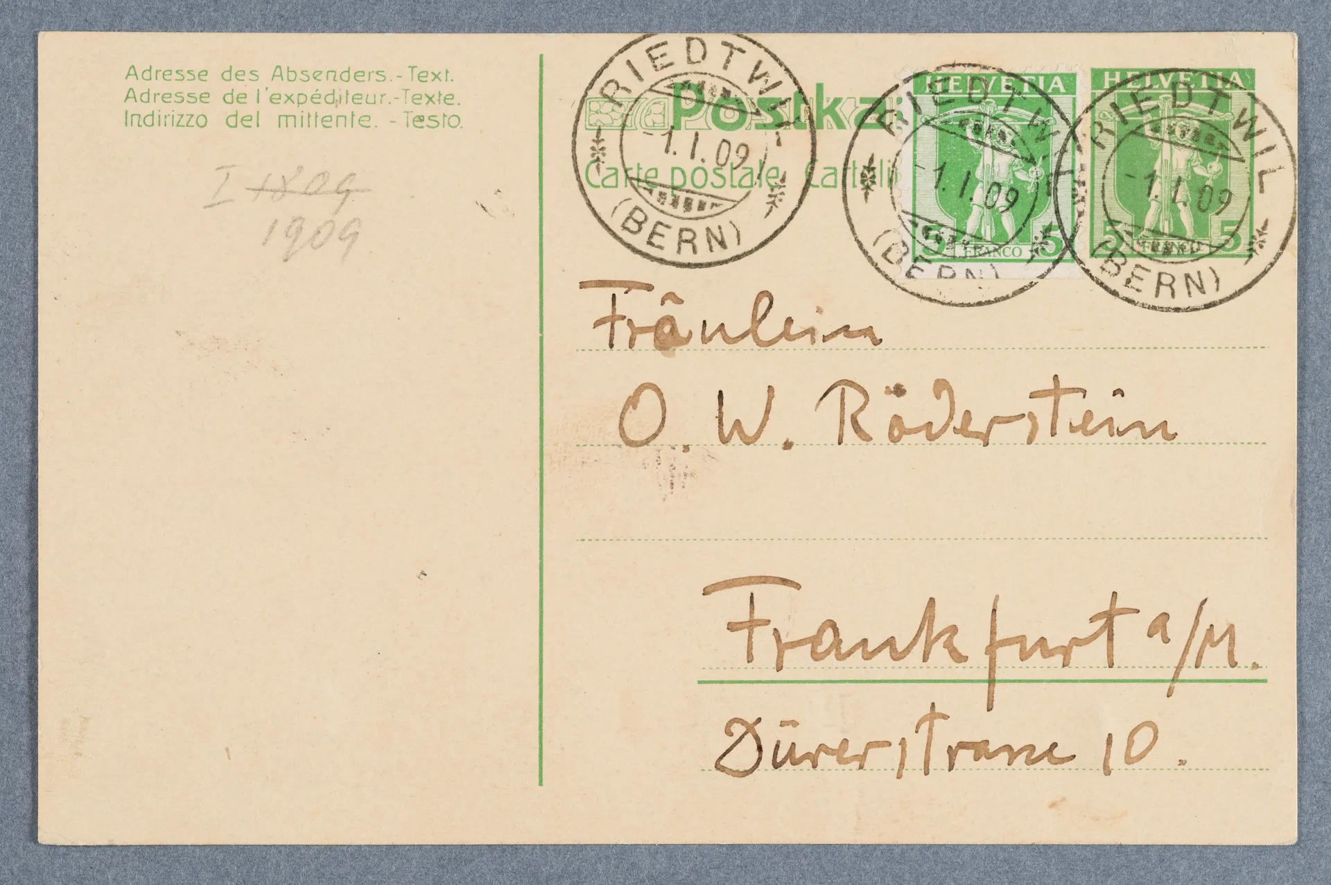 Postkarte von Cuno und Anna Amiet an Ottilie W. Roederstein, 1. Januar 1909