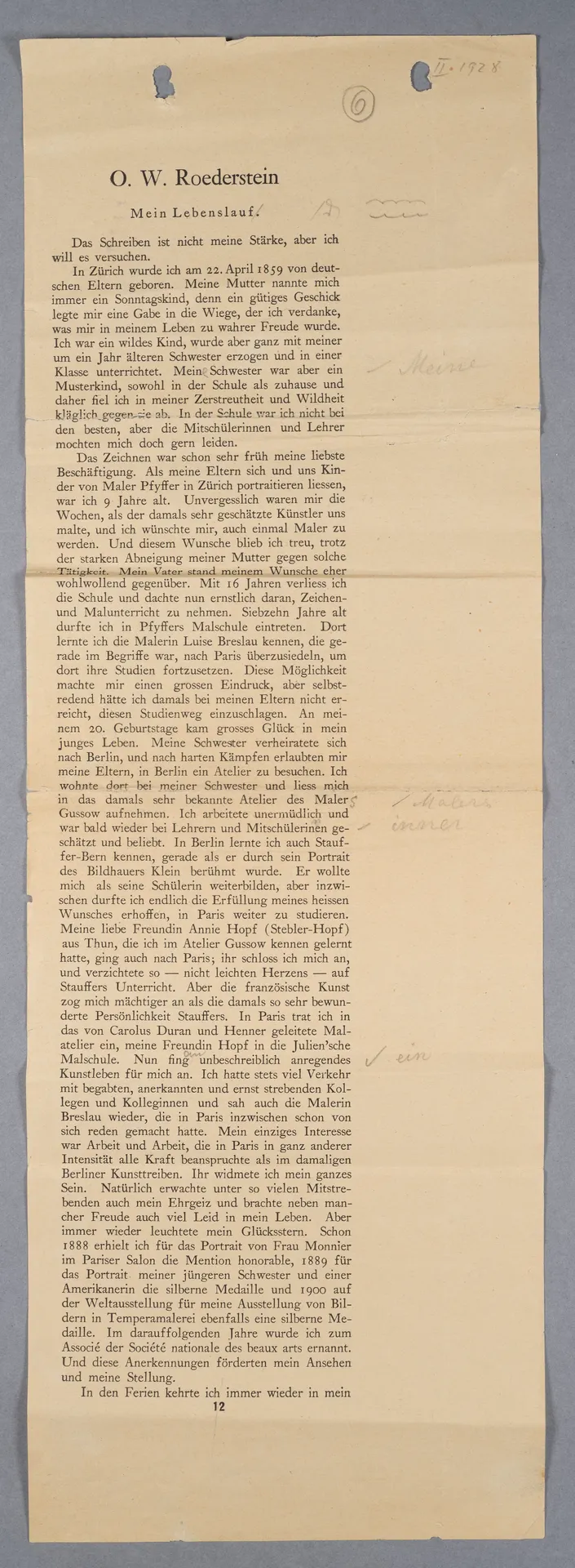 Ottilie W. Roederstein, Mein Lebenslauf, 1929