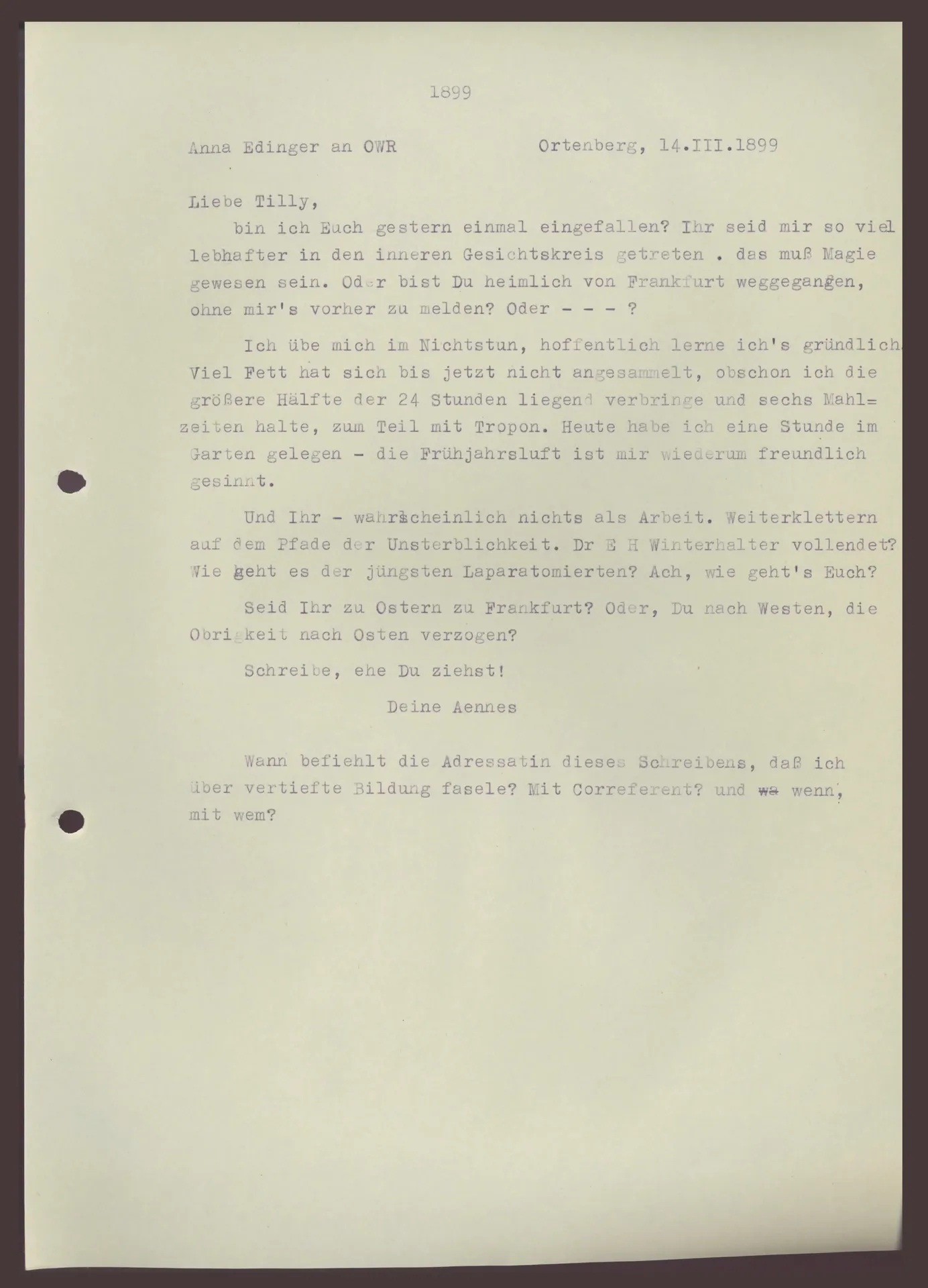 Brief (Transkript) von Anna Edinger an Ottilie W. Roederstein, 14. März 1899