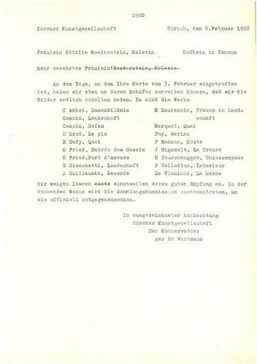 Brief (Transkript) von Wilhelm Wartmann an Ottilie W. Roederstein, 6. Februar 1920