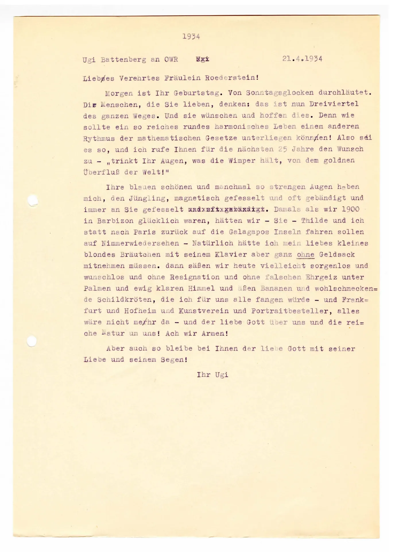 Brief (Transkript) von Ugi Battenberg an Ottilie W. Roederstein, 21. April 1934
