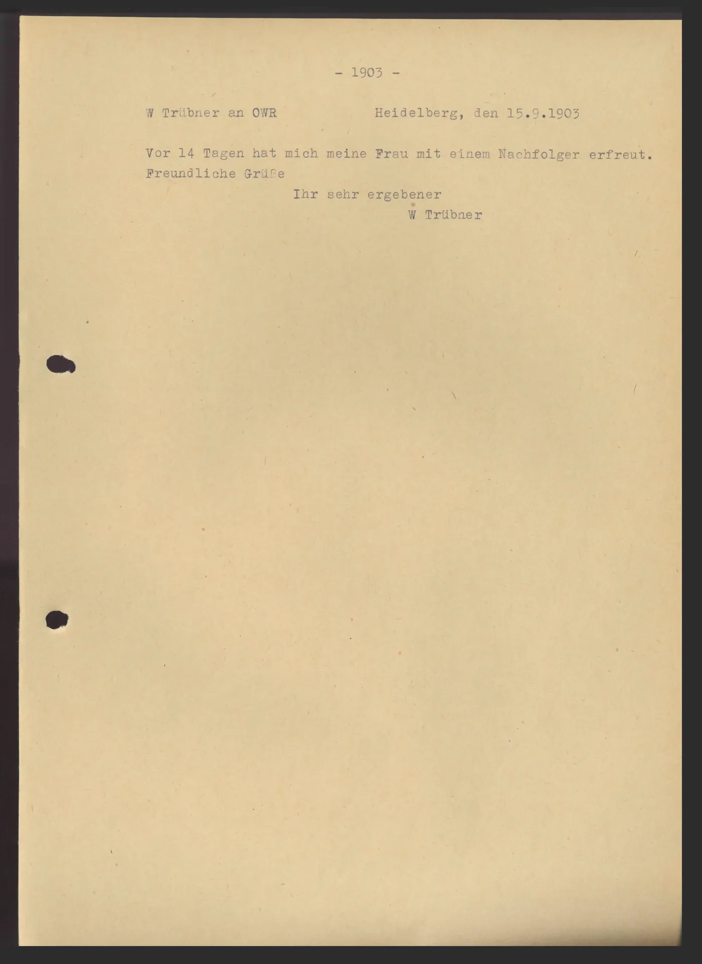 Postkarte (Transkript) von Wilhelm Trübner an Ottilie W. Roederstein, 15. September 1903
