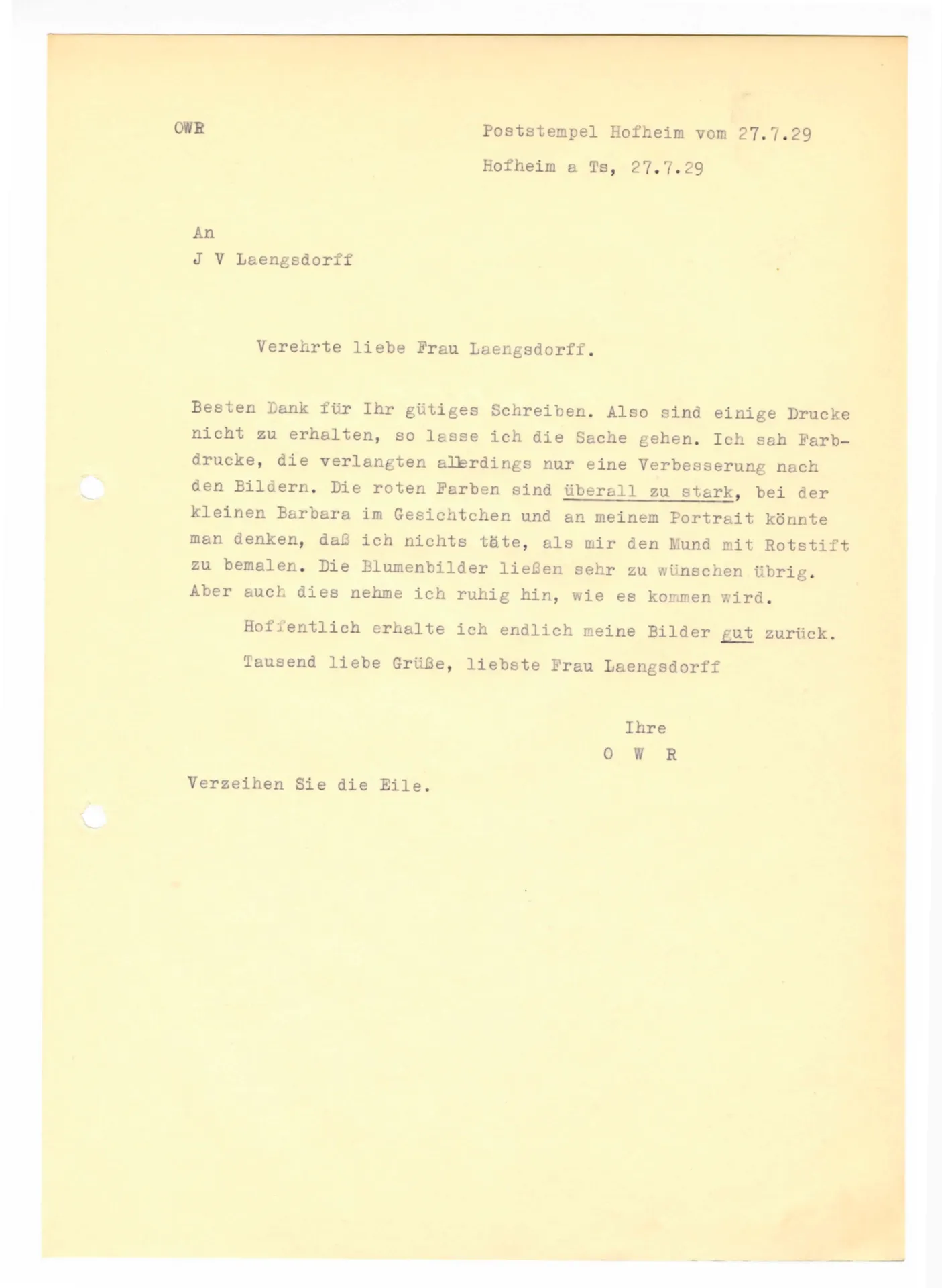 Brief (Transkript) von Ottilie W. Roederstein an Julia Virginia Laengsdorff, 27. Juli 1929
