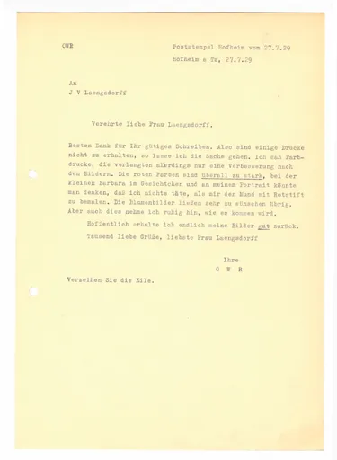 Brief (Transkript) von Ottilie W. Roederstein an Julia Virginia Laengsdorff, 27. Juli 1929
