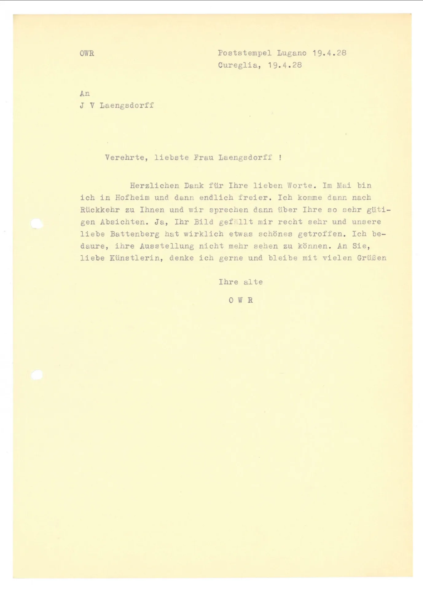 Brief (Transkript) von Ottilie W. Roederstein an Julia Virginia Laengsdorff, 19. April 1928
