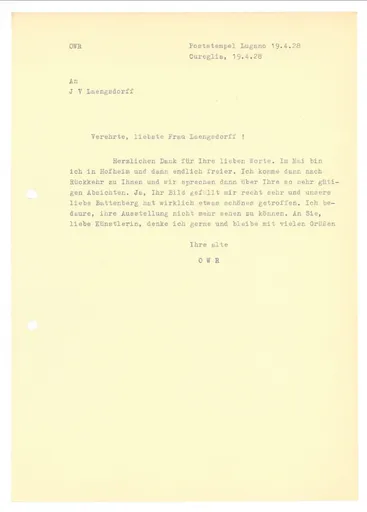 Brief (Transkript) von Ottilie W. Roederstein an Julia Virginia Laengsdorff, 19. April 1928