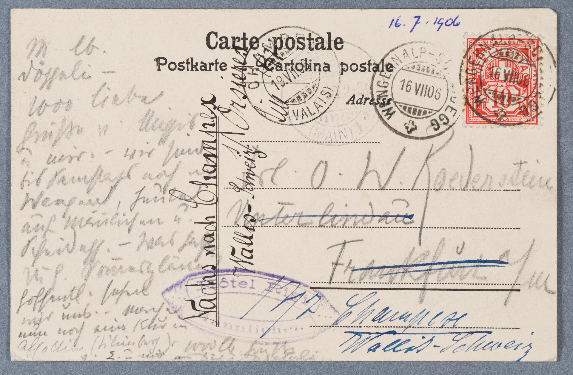 Postkarte von Anny Stebler-Hopf an Ottilie W. Roederstein, 16. Juli 1906