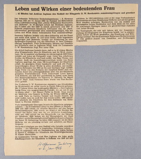 Leben und Wirken einer bedeutenden Frau - in 42 Bänden hat Archivar Jughenn den Nachlaß der Künstlerin O.W. Roederstein zusammengetragen und geordnet, in: Hofheimer Zeitung, 6. Januar 1956