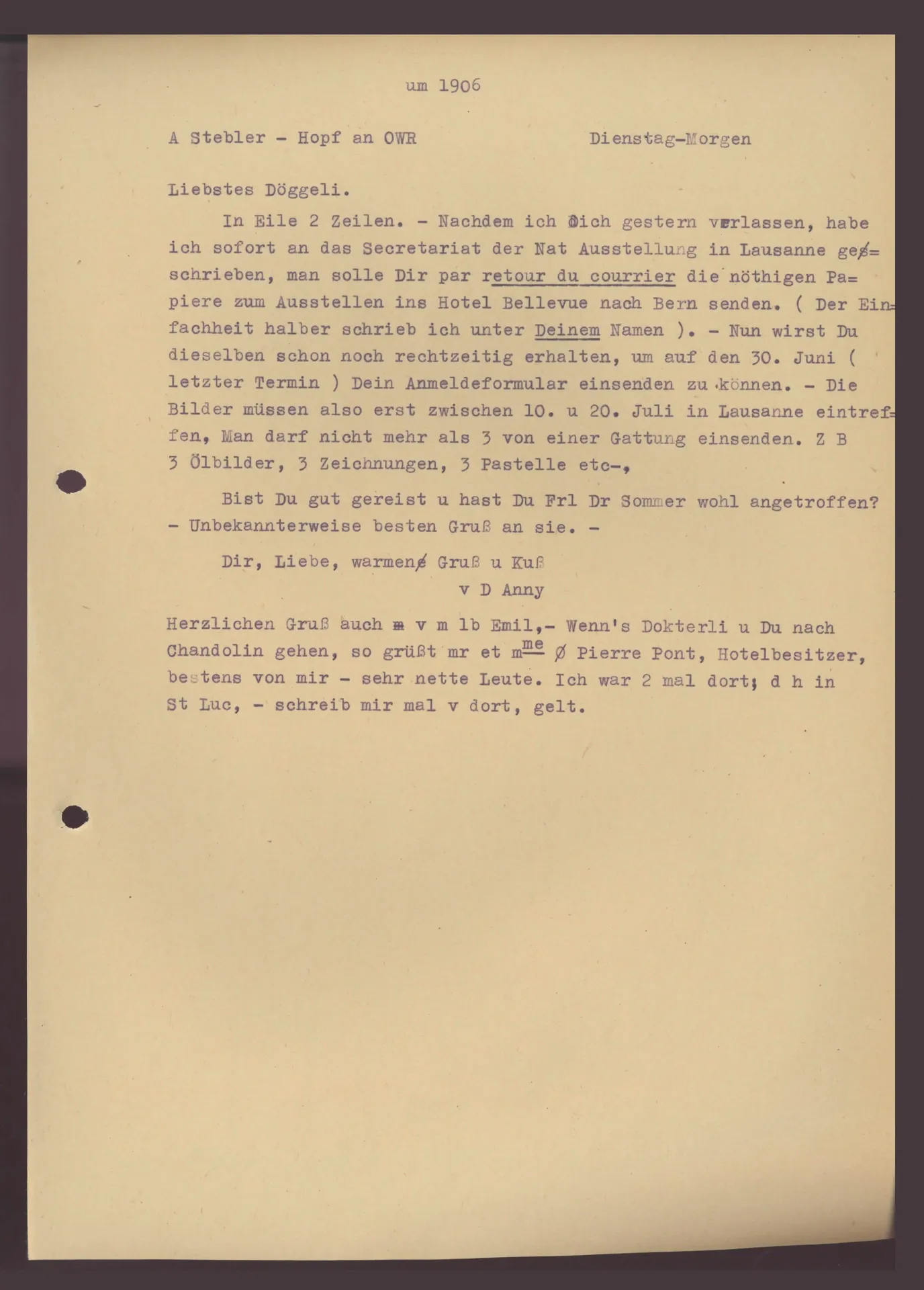 Brief (Transkript) von Anny Stebler-Hopf an Ottilie W. Roederstein, um 1906 (?)