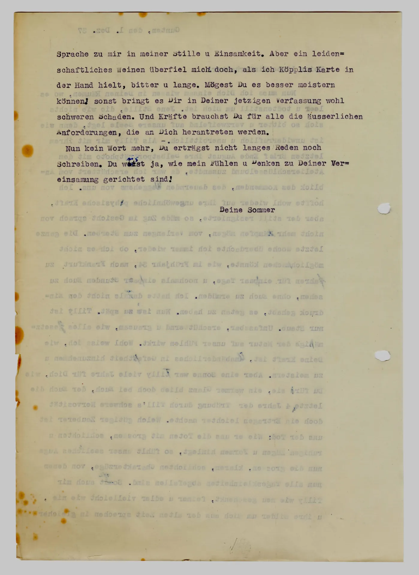 Brief (Transkript) von Martha Sommer an Elisabeth H. Winterhalter, 1. Dezember 1937