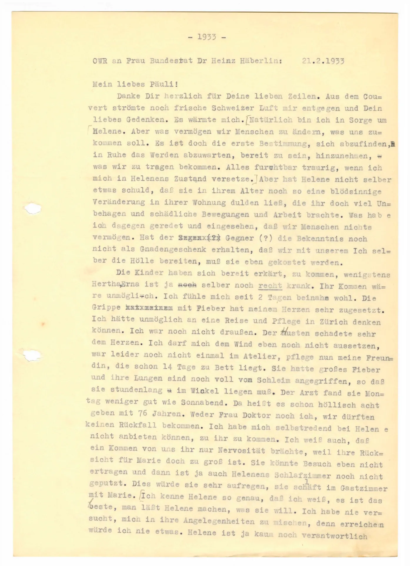 Brief (Transkript) von Ottilie W. Roederstein an Paula Häberlin, 21. Februar 1933