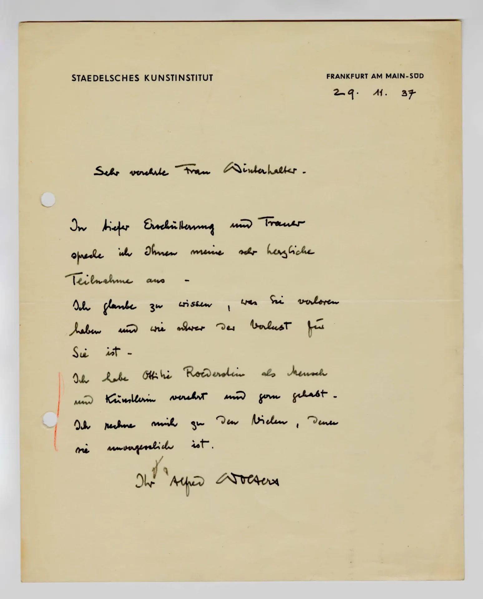 Brief von Alfred Wolters an Elisabeth H. Winterhalter, 29. November 1937