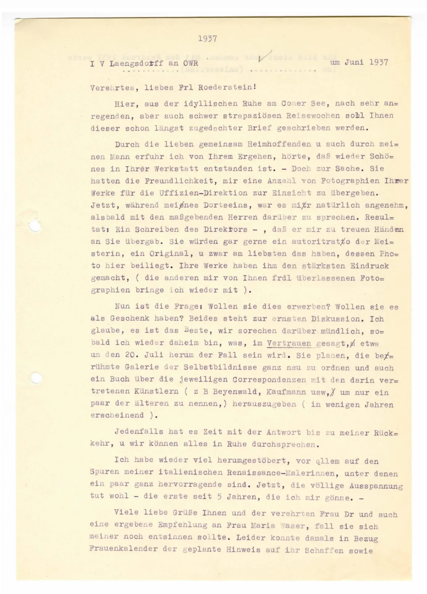 Brief (Transkript) von Julia Virginia Laengsdorff an Ottilie W. Roederstein, Juni 1937