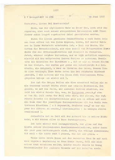Brief (Transkript) von Julia Virginia Laengsdorff an Ottilie W. Roederstein, Juni 1937