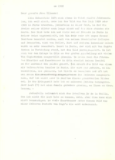 Briefentwurf (Transkript) von Ottilie W. Roederstein an Hedwig Ullmann, undatiert, um 1920