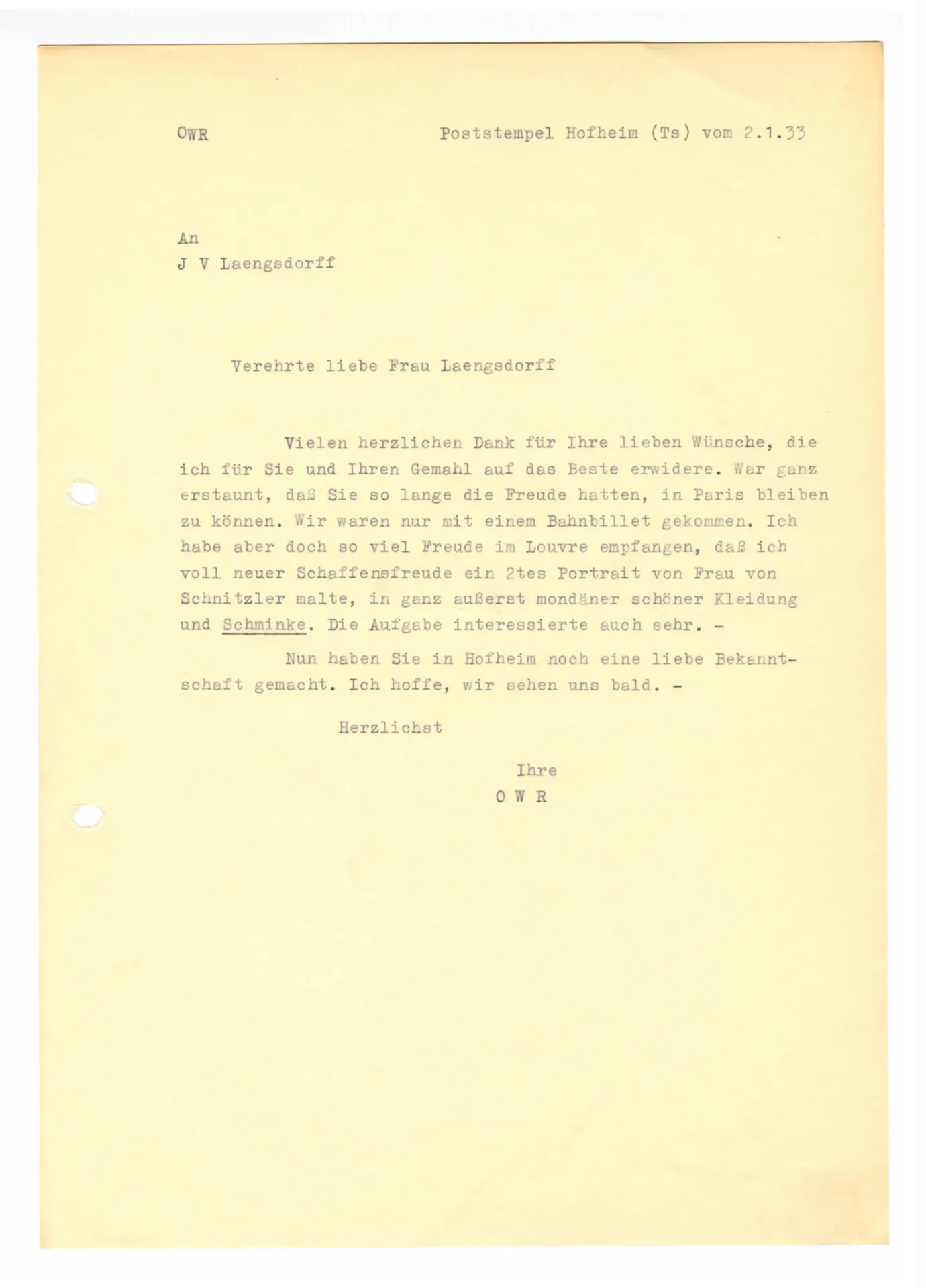 Brief (Transkript) von Ottilie W. Roederstein an Julia Virginia Laengsdorff, 2. Januar 1933