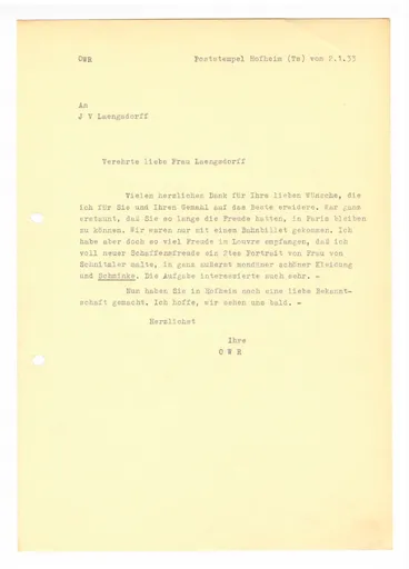 Brief (Transkript) von Ottilie W. Roederstein an Julia Virginia Laengsdorff, 2. Januar 1933