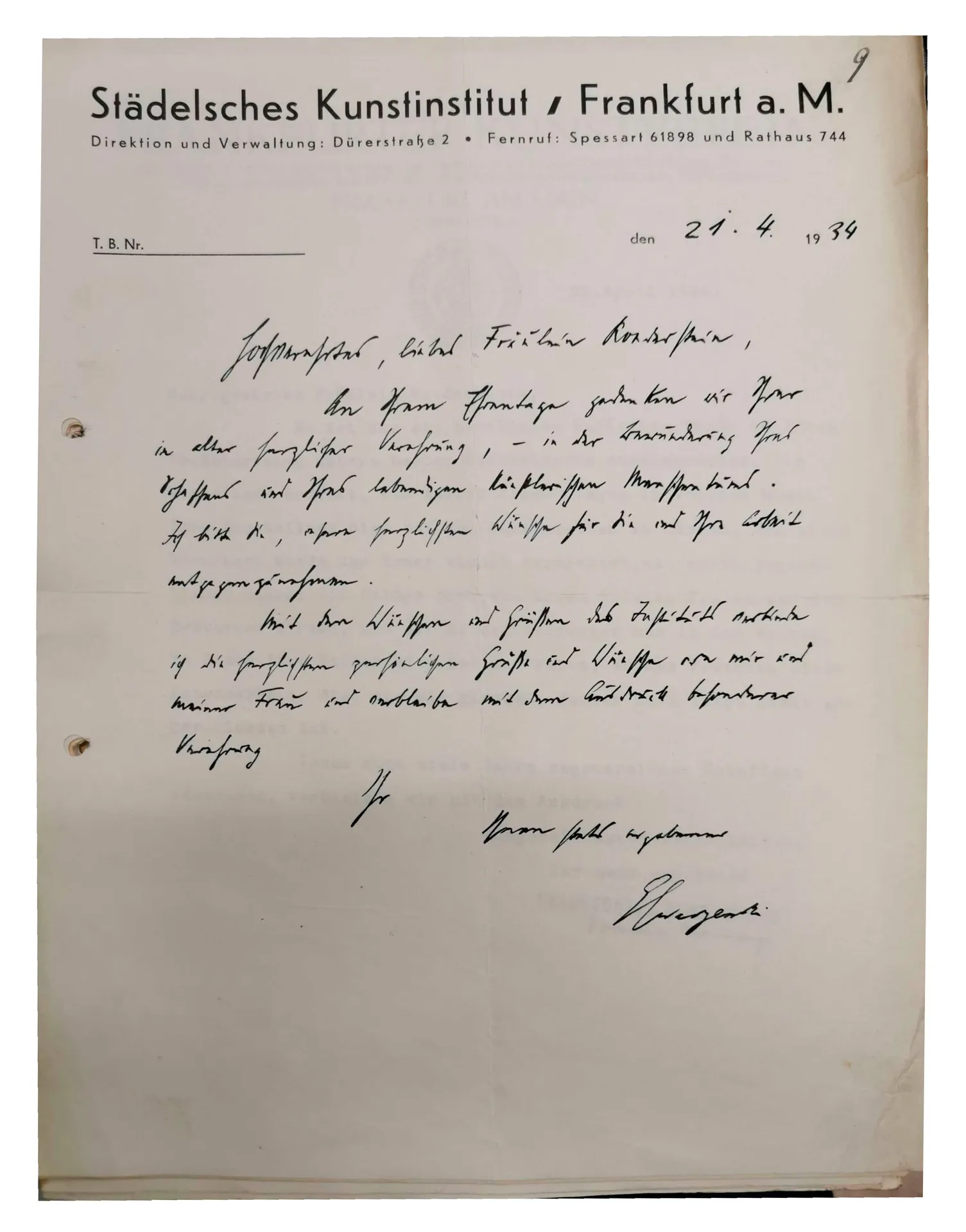 Brief von Georg Swarzenski an Ottilie W. Roederstein, 21. April 1934