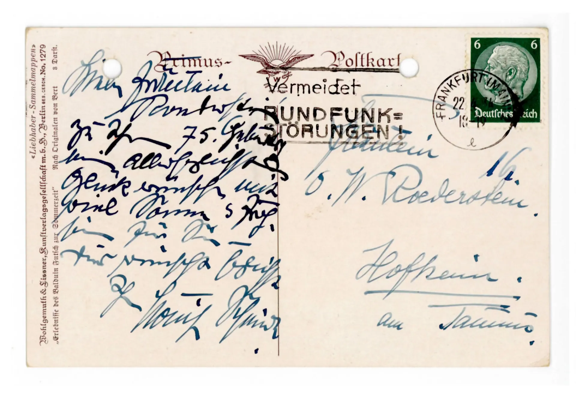 Postkarte von Louise Schmidt an Ottilie W. Roederstein, 22. April 1934