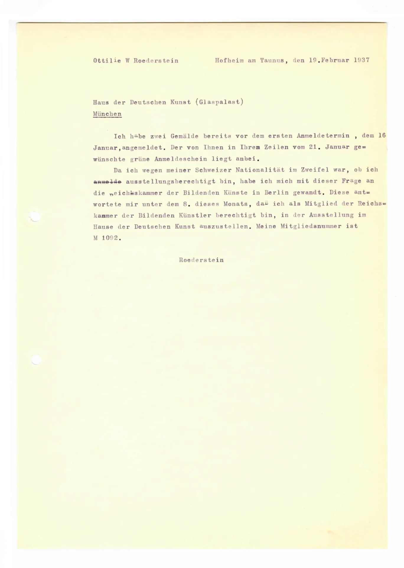 Brief (Transkript) von Ottilie W. Roederstein an das Haus der Deutschen Kunst, 19. Februar 1937