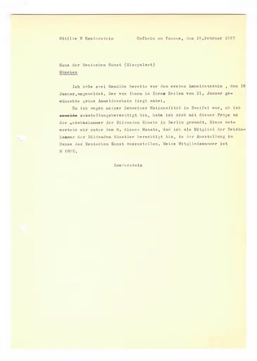 Brief (Transkript) von Ottilie W. Roederstein an das Haus der Deutschen Kunst, 19. Februar 1937