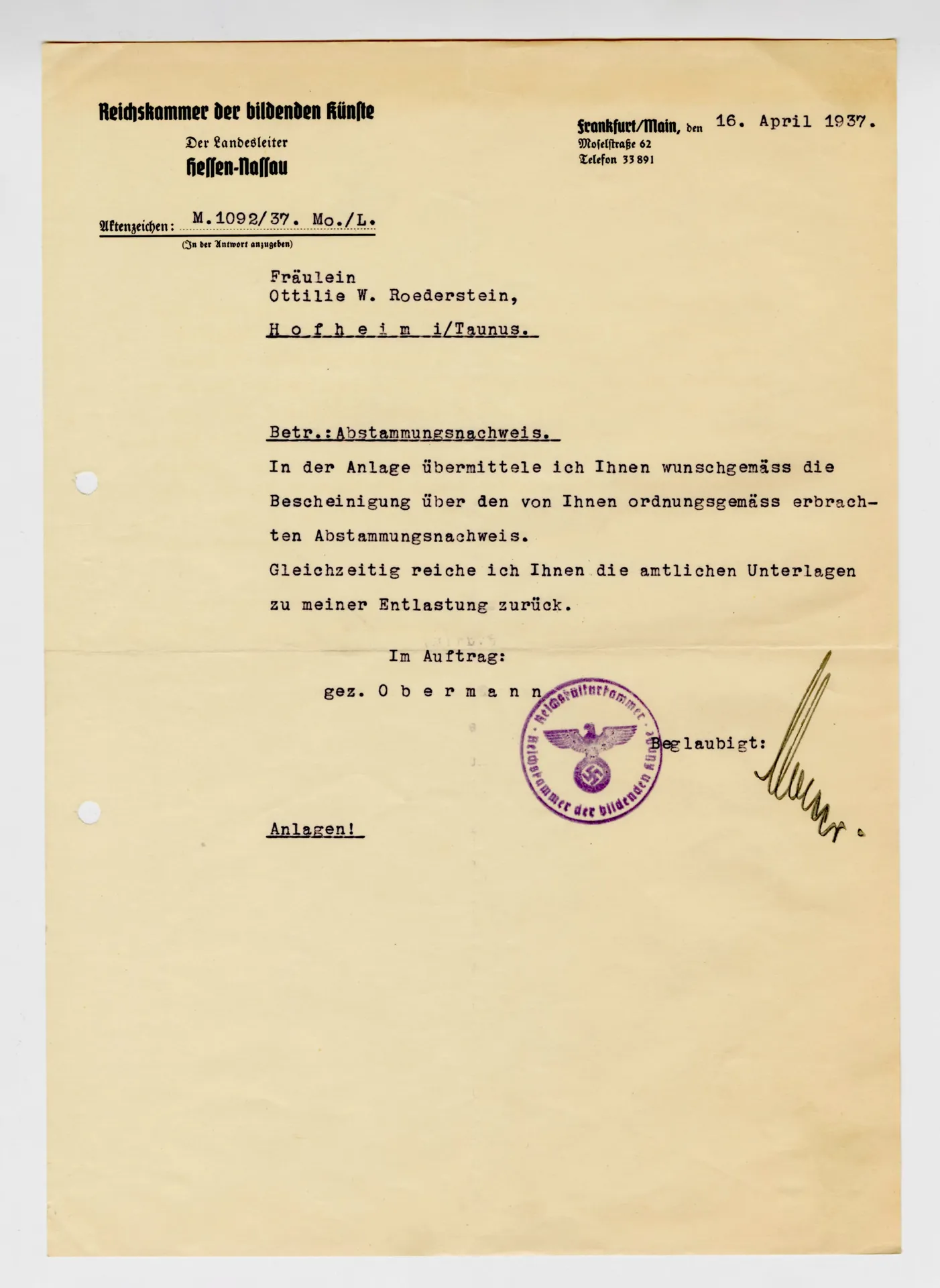 Brief der Reichskammer der bildenden Künste Hessen-Nassau an Ottilie W. Roederstein, 16. April 1937