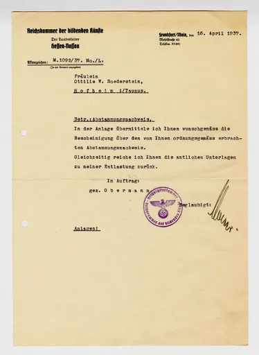 Brief der Reichskammer der bildenden Künste Hessen-Nassau an Ottilie W. Roederstein, 16. April 1937