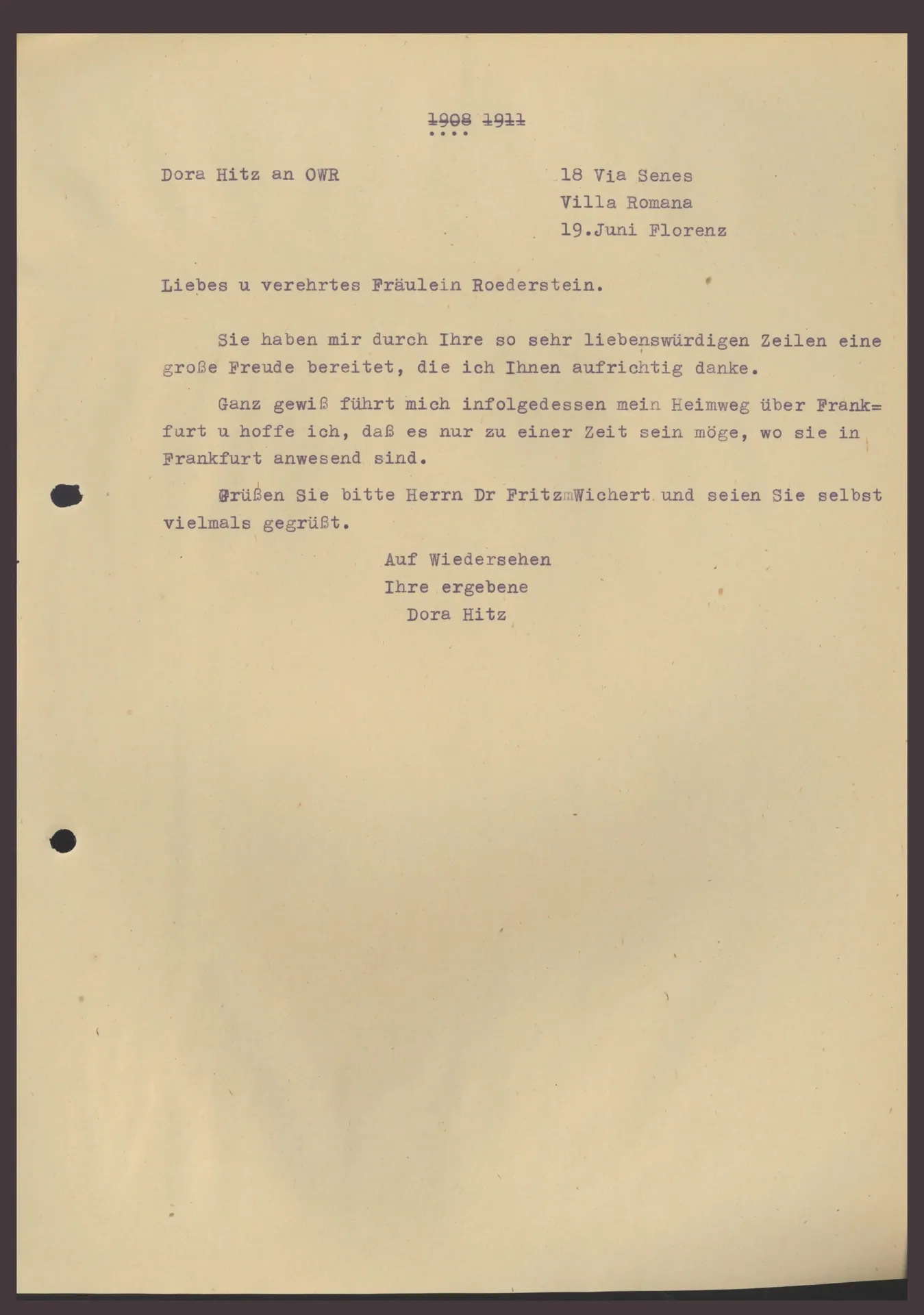 Brief (Transkript) von Dora Hitz an Ottilie W. Roederstein, 19. Juni 1906/1907