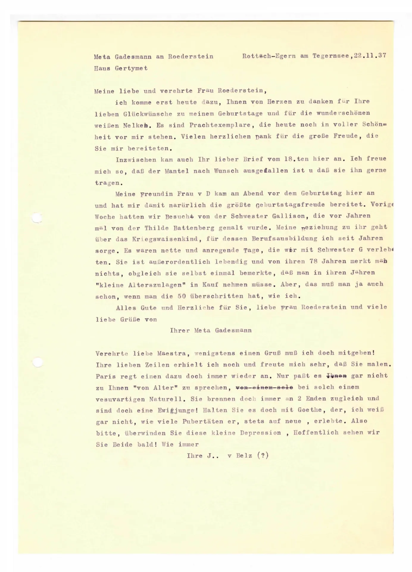 Brief (Transkript) von Meta Gadesmann an Ottilie W. Roederstein, 22. November 1937