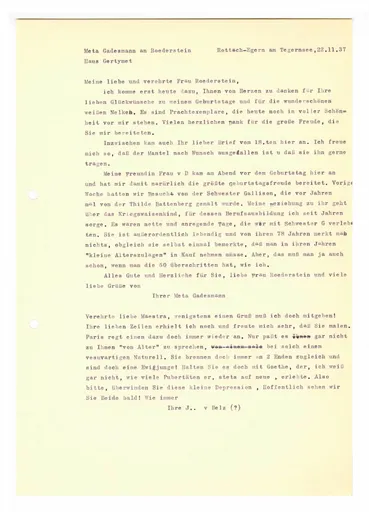 Brief (Transkript) von Meta Gadesmann an Ottilie W. Roederstein, 22. November 1937