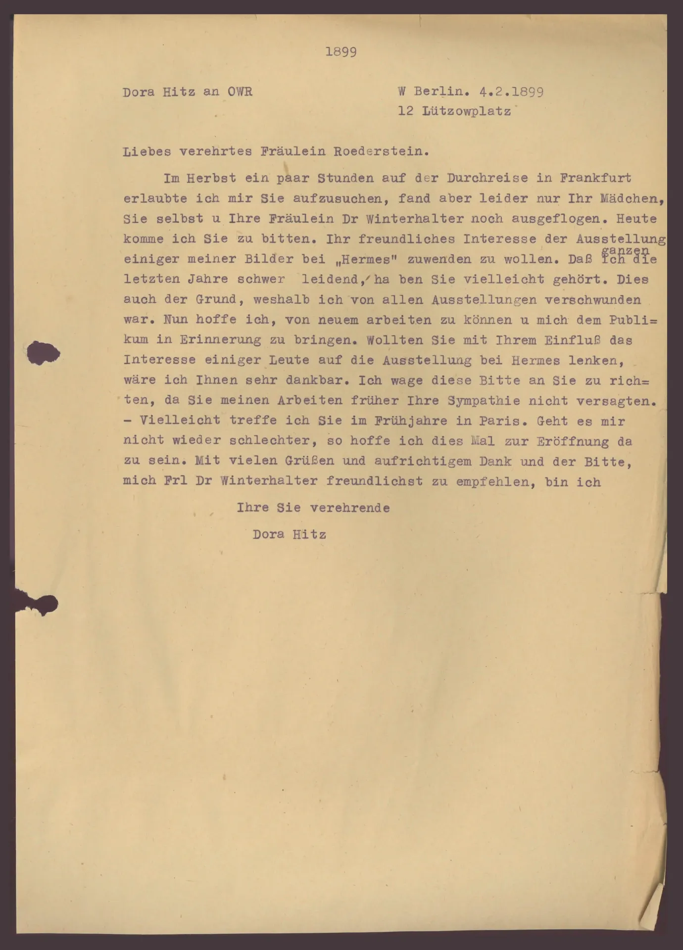 Brief (Transkript) von Dora Hitz an Ottilie W. Roederstein, 4. Februar 1899