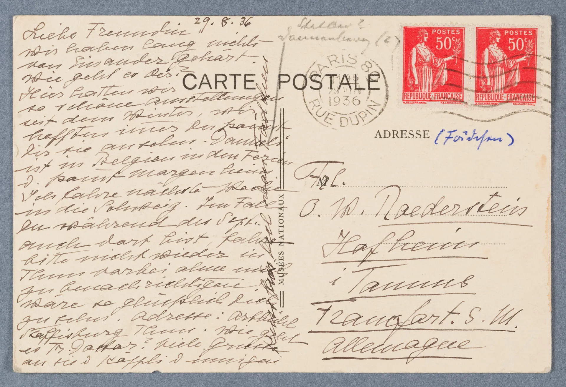 Postkarte von Martha Stettler an Ottilie W. Roedertsein, 29. August 1936