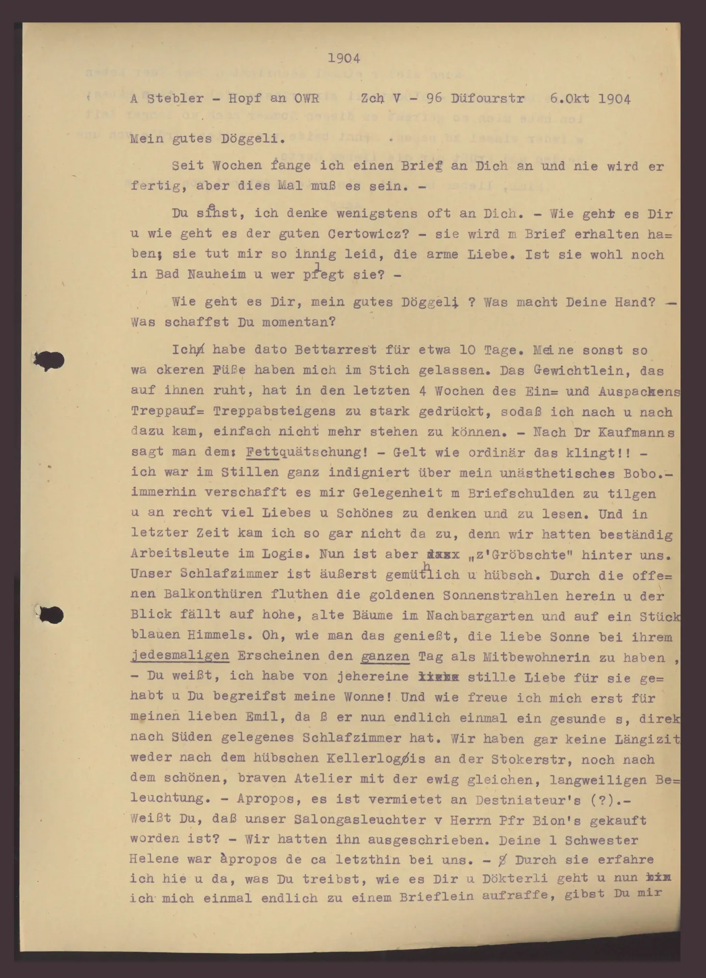 Brief (Transkript) von Anny Stebler-Hopf an Ottilie W. Roederstein, 6. Oktober 1904
