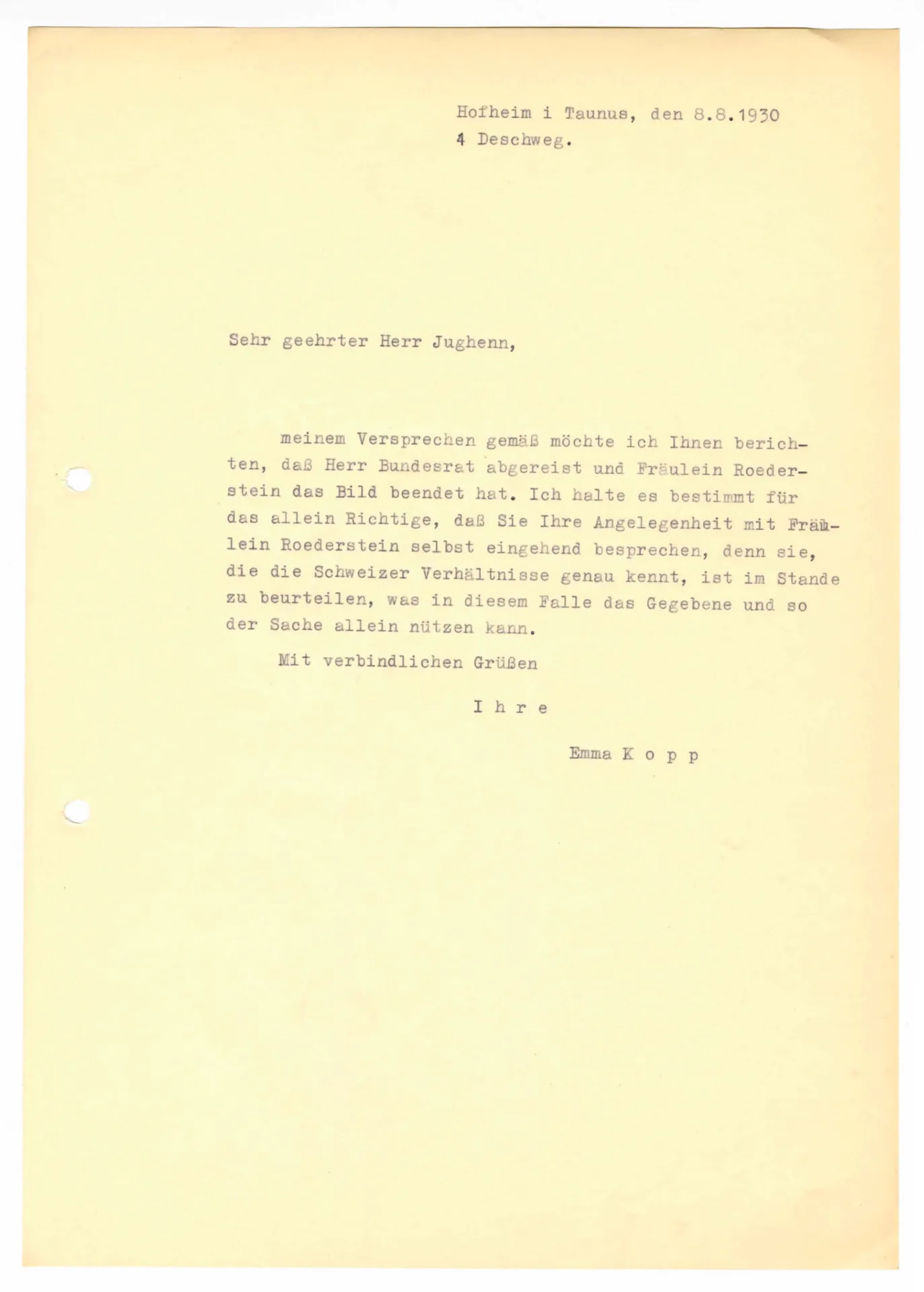 Brief (Transkript) von Emma Kopp an Hermann Jughenn, 8. August 1930