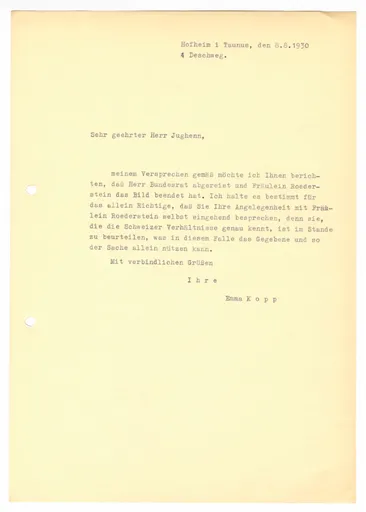 Brief (Transkript) von Emma Kopp an Hermann Jughenn, 8. August 1930