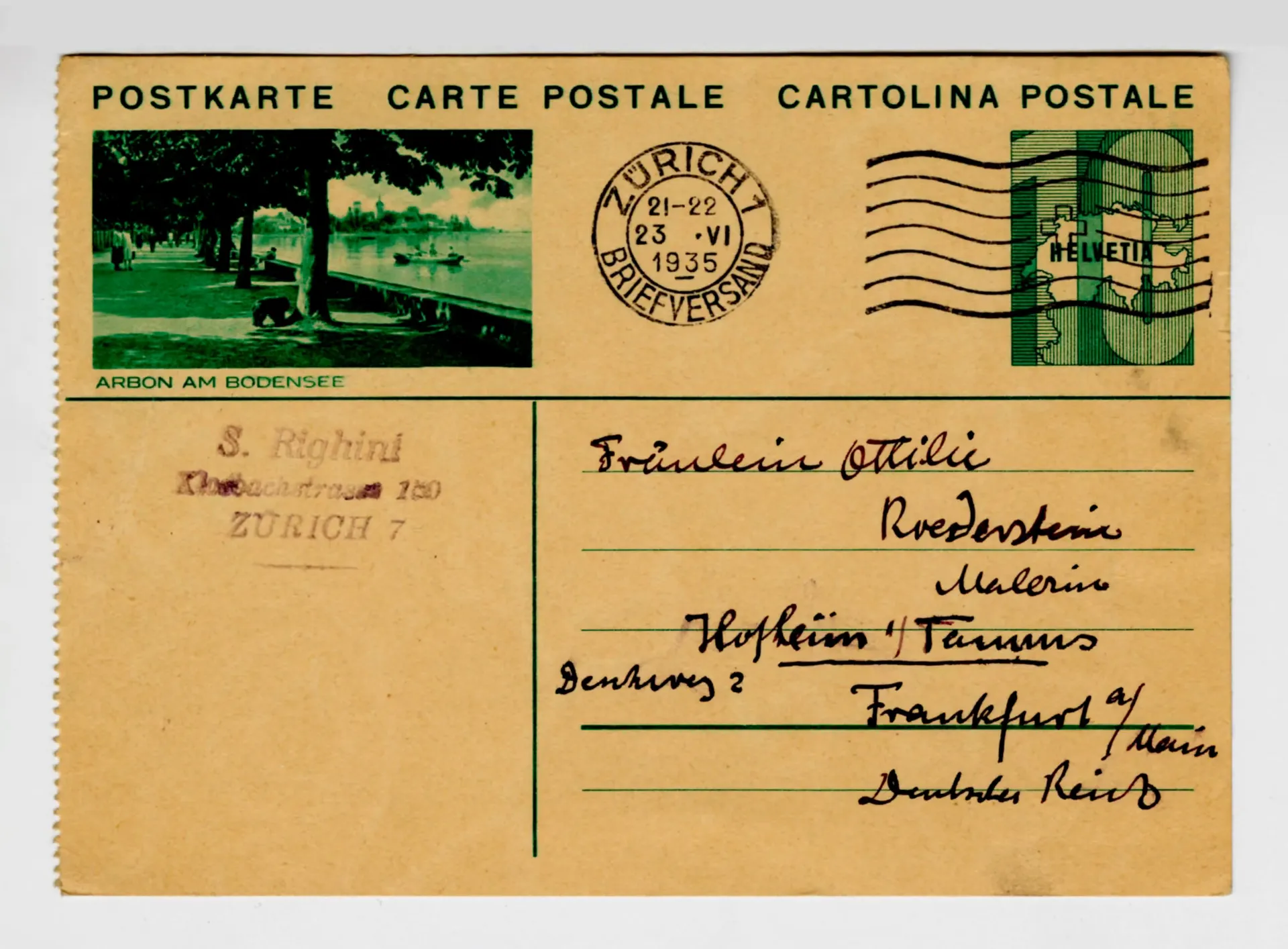Postkarte von Sigismund Righini an Ottilie W. Roederstein, 23. Juni 1935