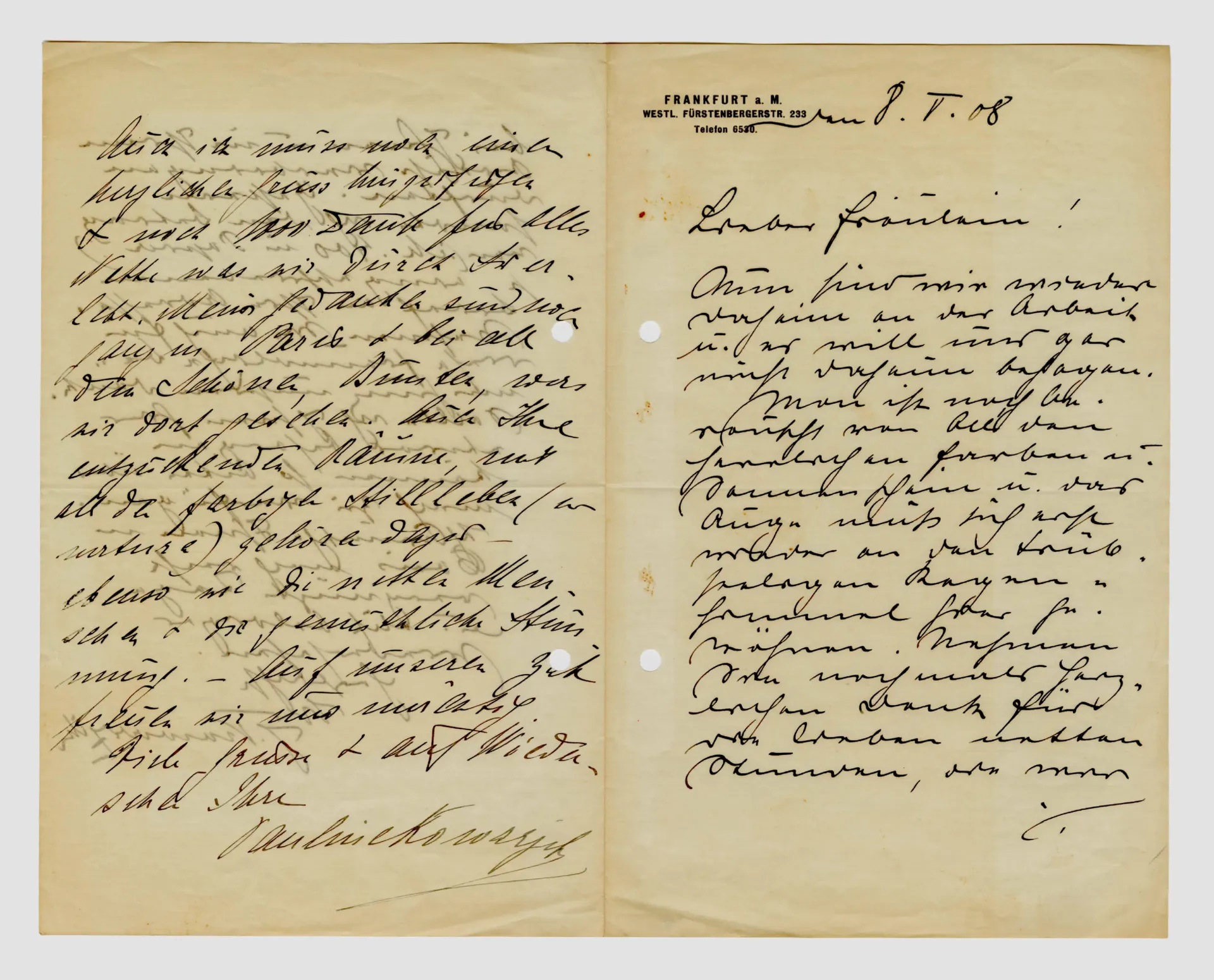 Brief von Josef und Pauline Kowarzik an Ottilie W. Roederstein, 8. Mai 1908