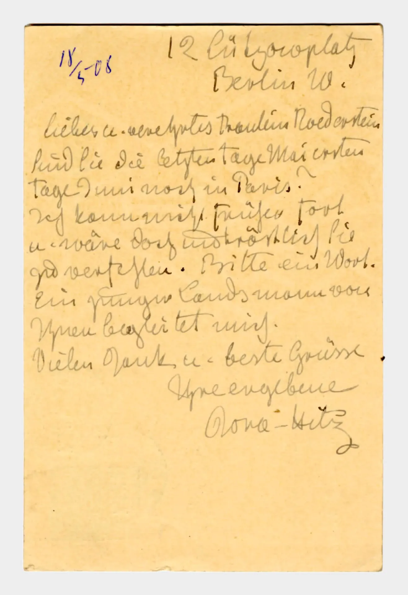 Brief von Dora Hitz an Ottilie W. Roederstein. 18. Mai 1908