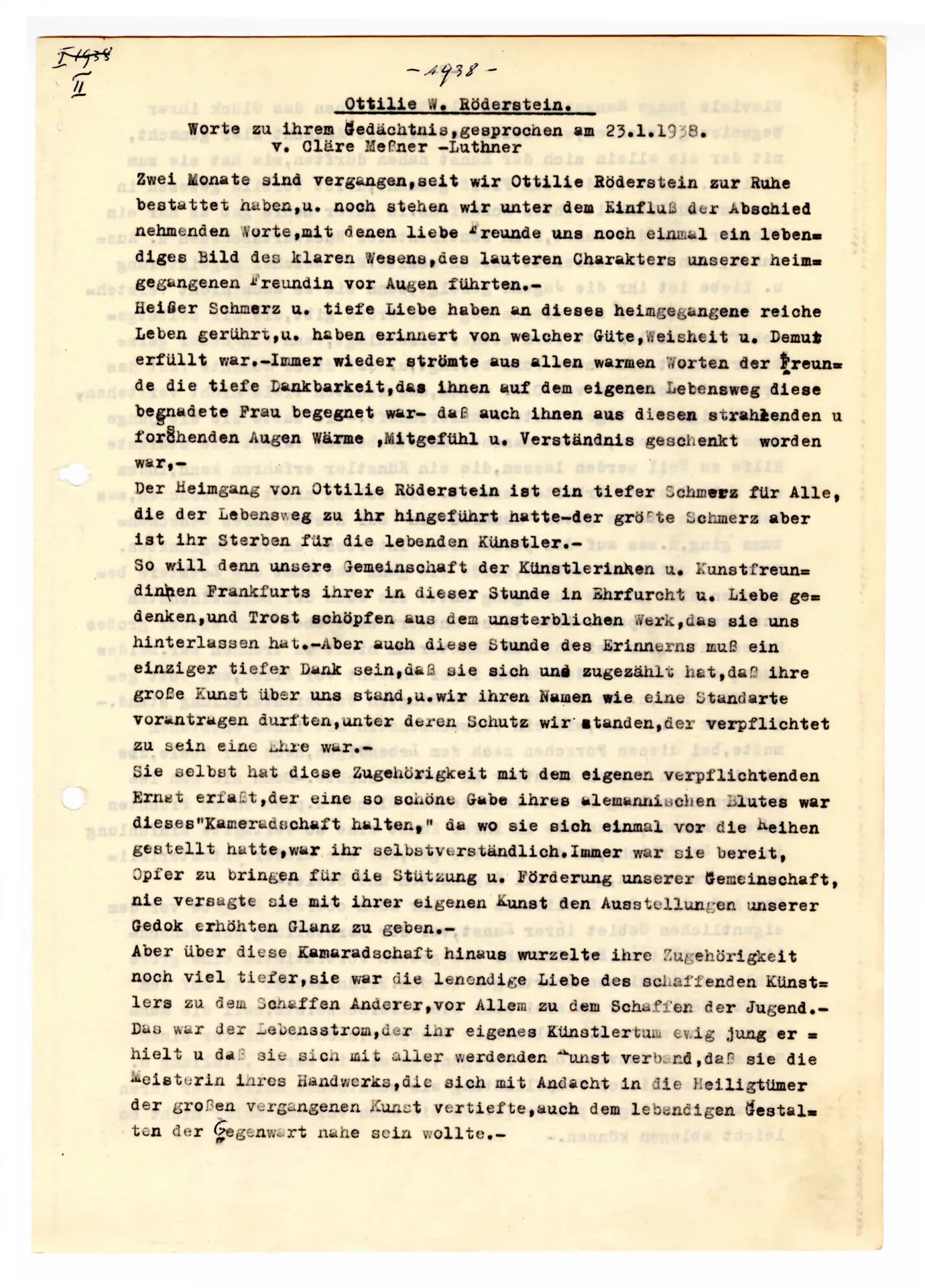 Ottilie W. Roederstein. Worte zu ihrem Gedächtnis, gesprochen am 23. Januar 1938 von Cläre Mehs-Luthmer für die GEDOK Frankfurt (Transkript)