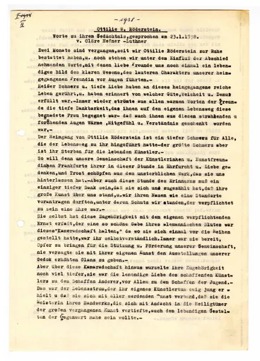Ottilie W. Roederstein. Worte zu ihrem Gedächtnis, gesprochen am 23. Januar 1938 von Cläre Mehs-Luthmer für die GEDOK Frankfurt (Transkript)