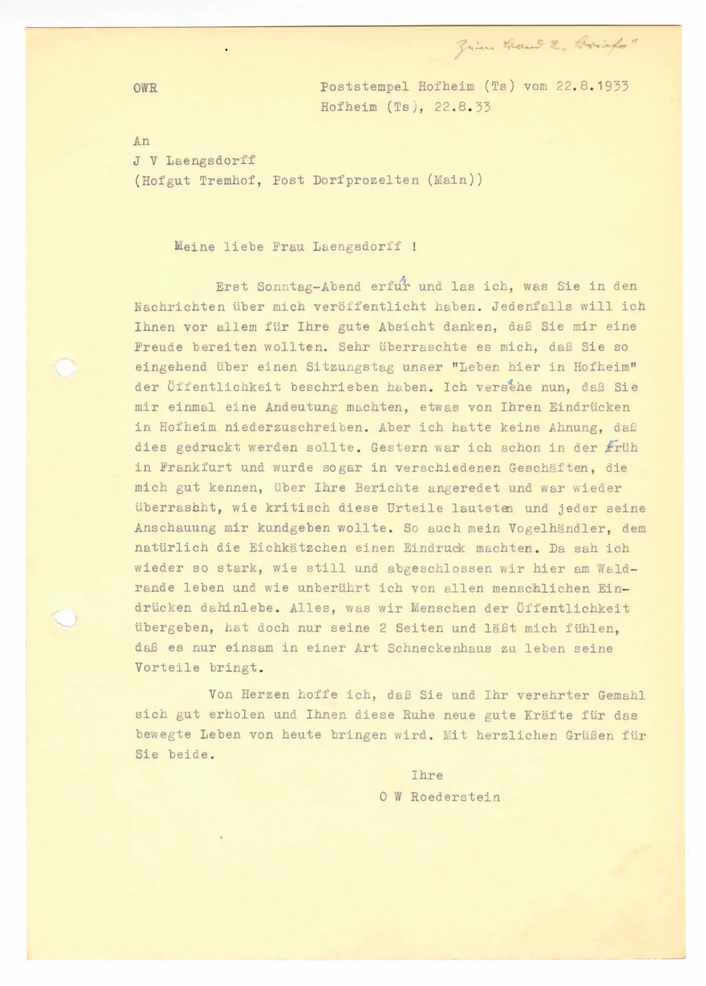 Brief (Transkript) von Ottilie W. Roederstein an Julia Virginia Laengsdorff, 22. August 1933