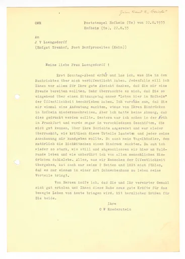 Brief (Transkript) von Ottilie W. Roederstein an Julia Virginia Laengsdorff, 22. August 1933