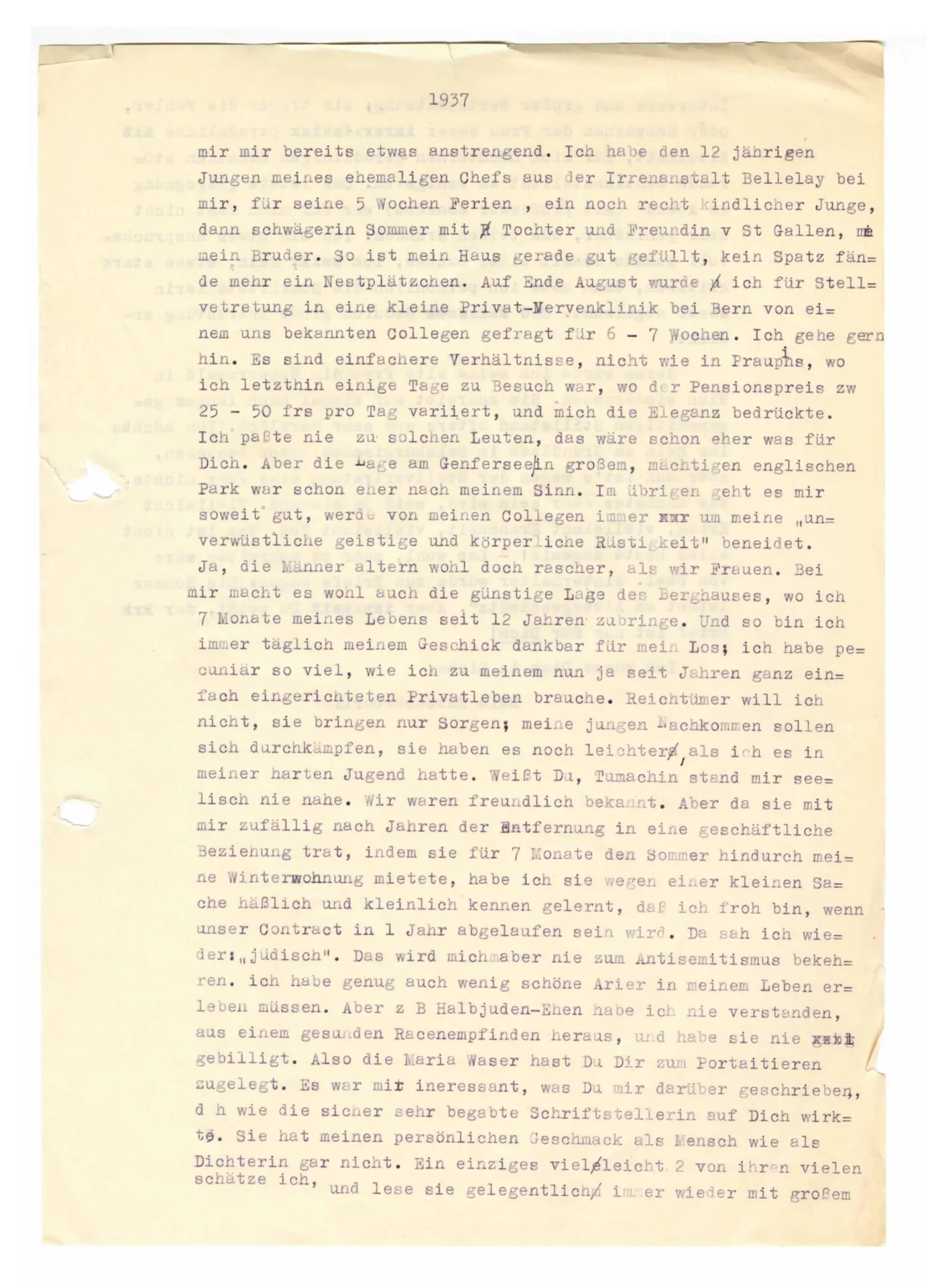 Brief (Transkript) von Martha Sommer an Ottilie W. Roederstein, 20. Juli 1937