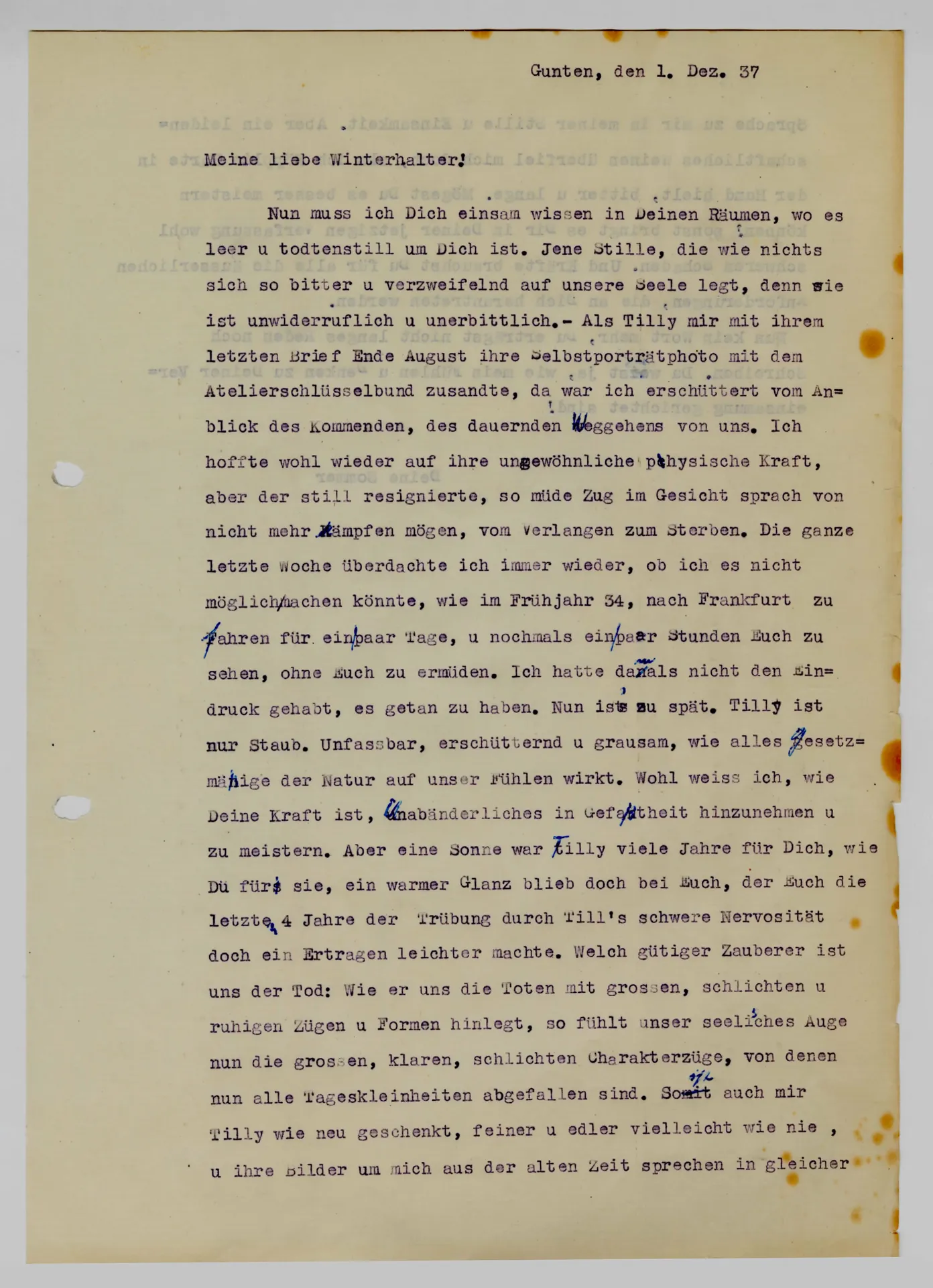 Brief (Transkript) von Martha Sommer an Elisabeth H. Winterhalter, 1. Dezember 1937