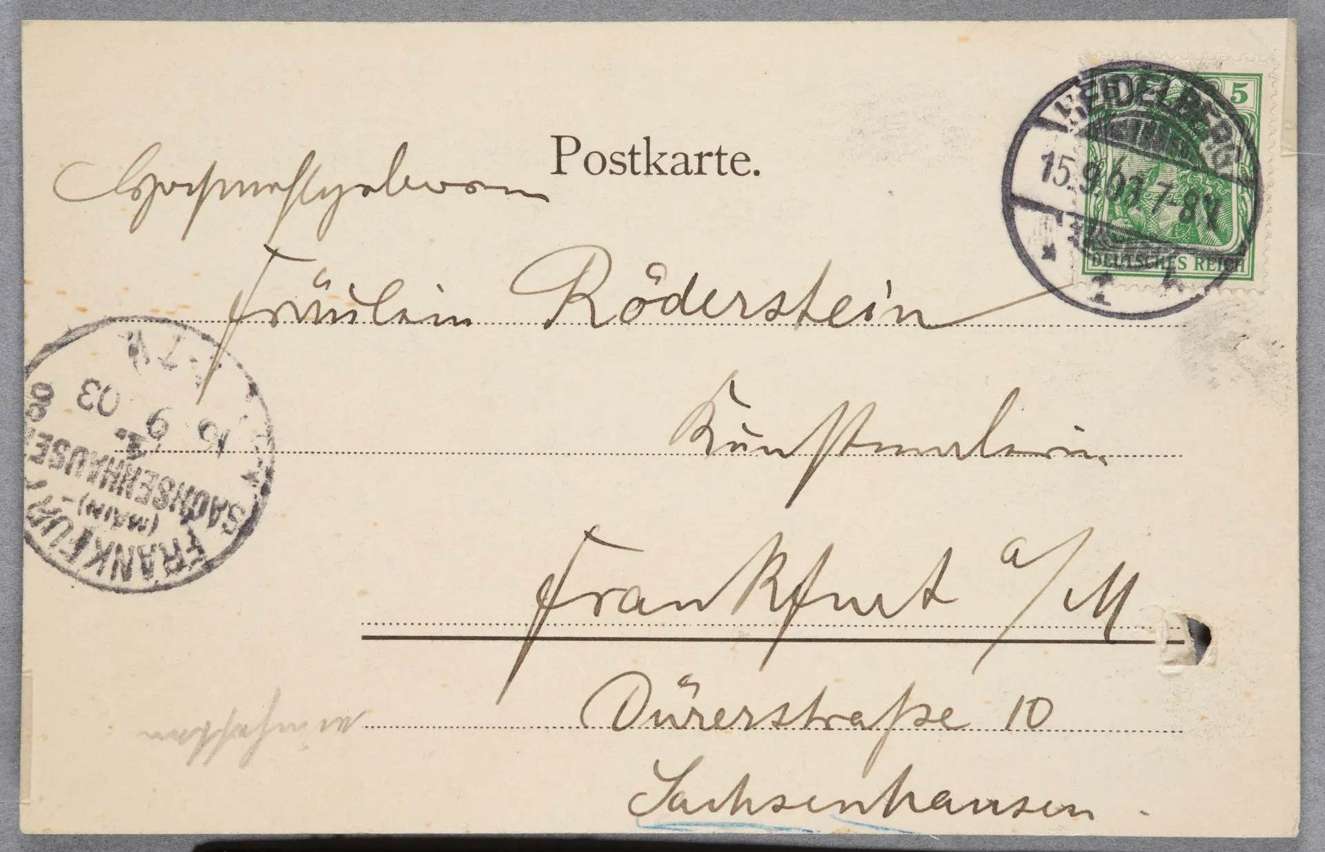 Postkarte von Wilhelm Trübner an Ottilie W. Roederstein, 15. September 1903